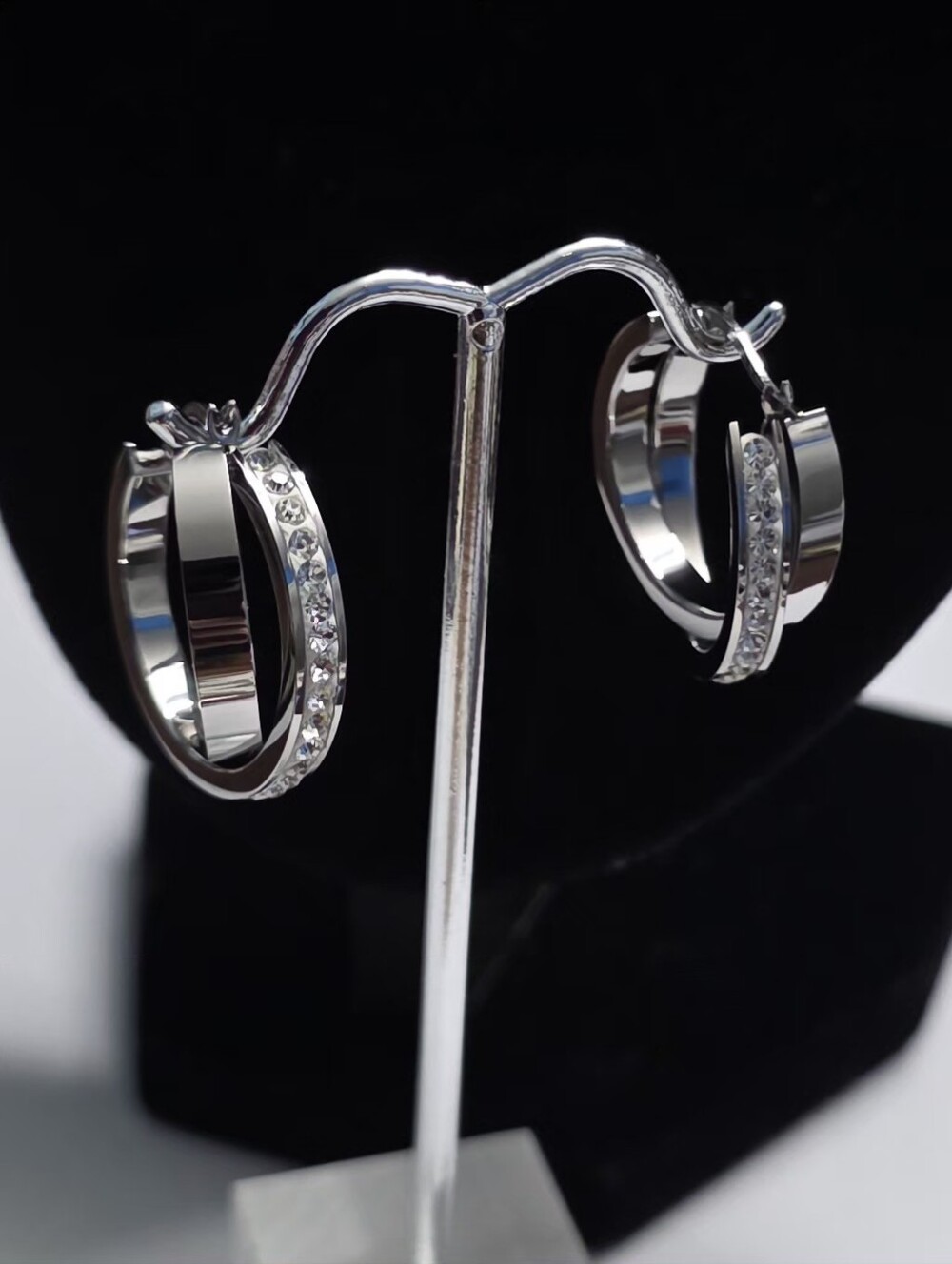 Lux Vault Sterling Silver Triple Band Crystal Hoop Earrings